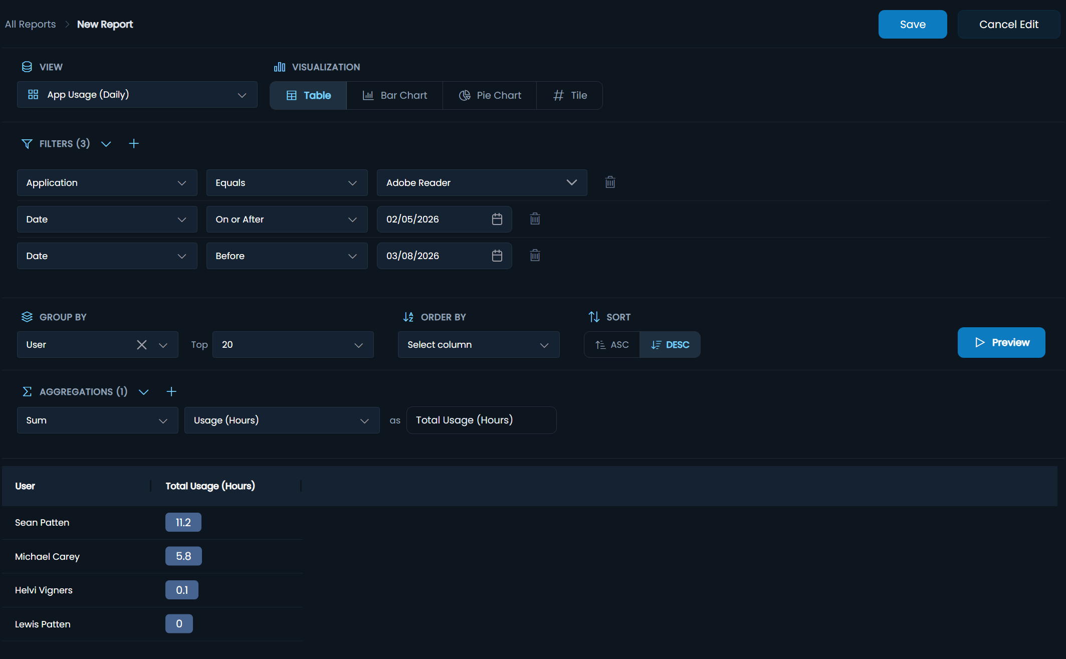 A custom report being built in Query Hub.