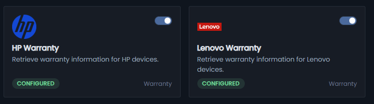 The HP Warranty and Lenovo Warranty integrations, both configured.