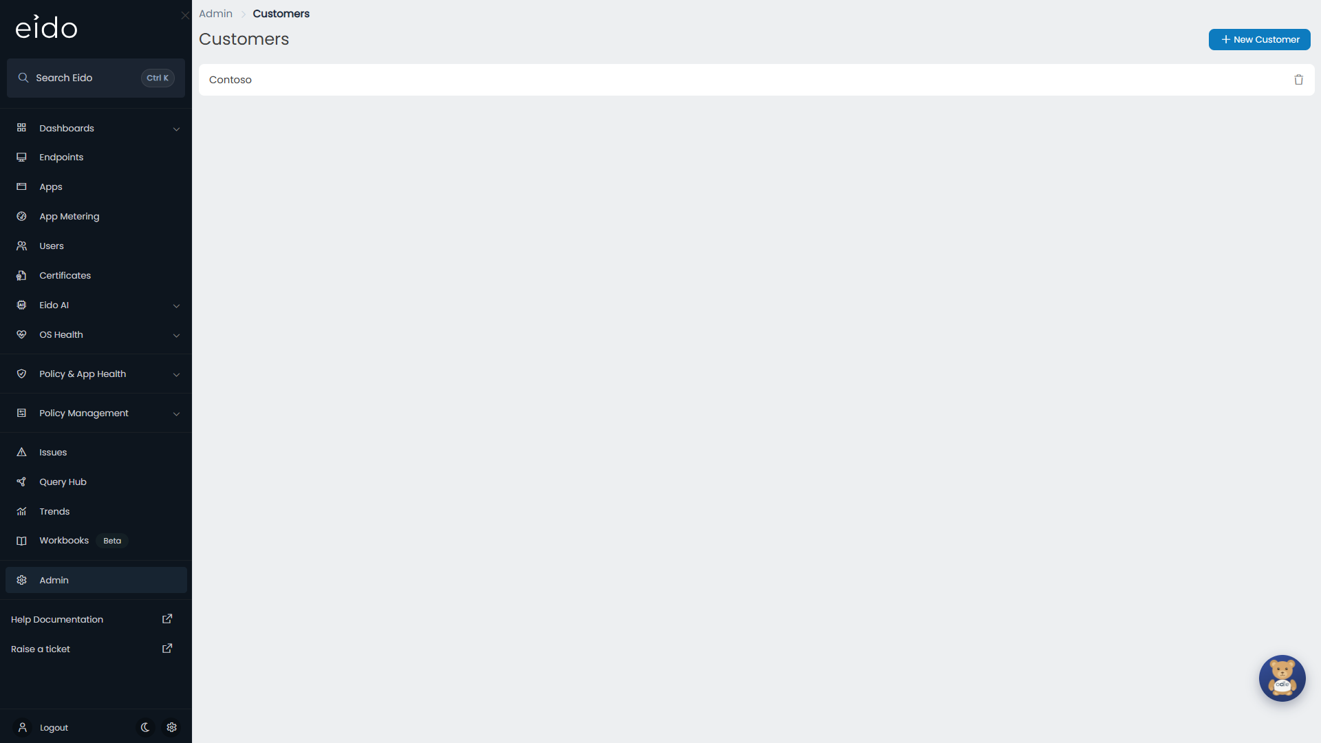 Customers lists every customer record. Each one groups the Intune tenants you link to it.