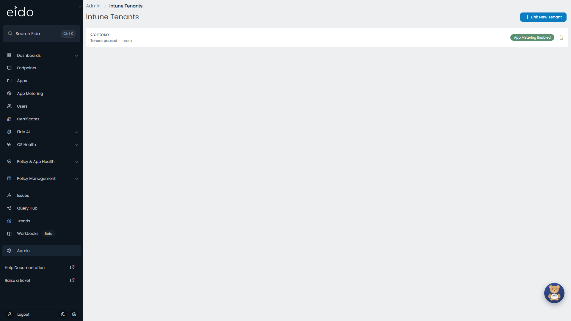 Intune Tenants, with one linked tenant, its sync status and its access level.