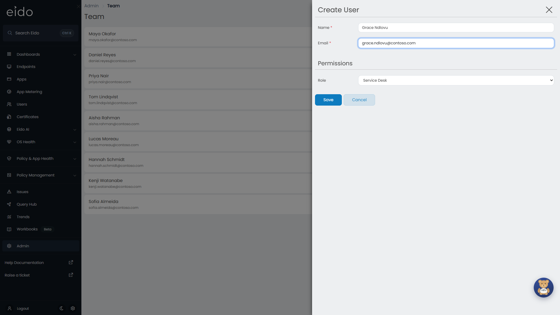 Create User asks for a name, the address the person signs in to Microsoft with, and a role.