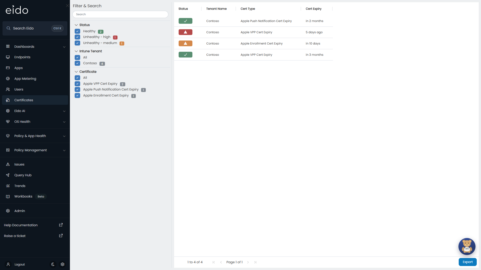 The Certificates page, with the filter panel on the left and one certificate close to expiry.