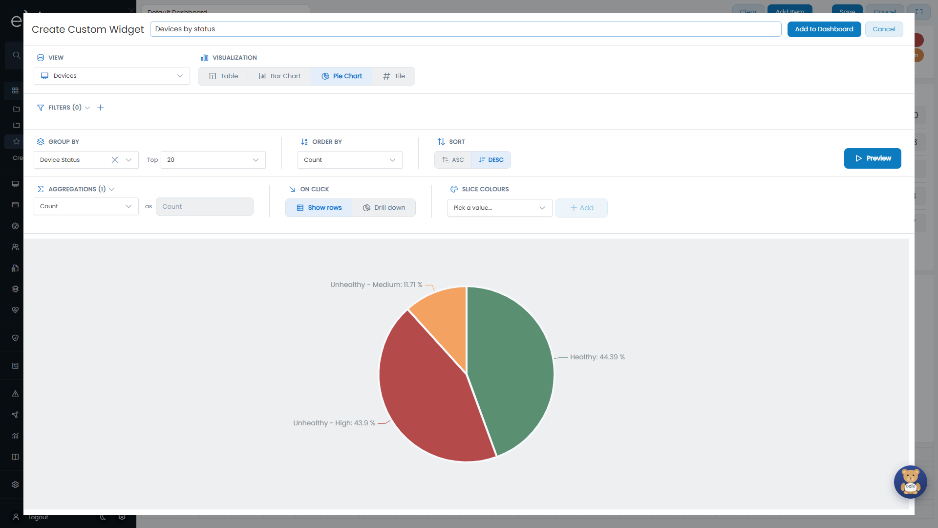Create Custom Widget: a pie chart of devices grouped by status, previewed before it is added.