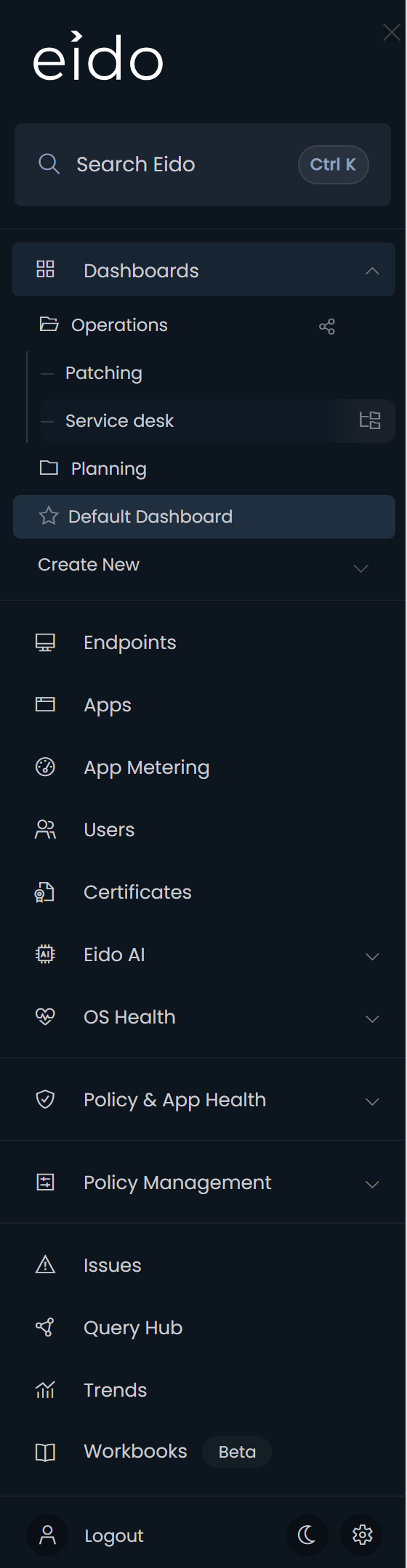 The Dashboards list with two folders, one of them open, and the icons that appear when you hover over a dashboard.