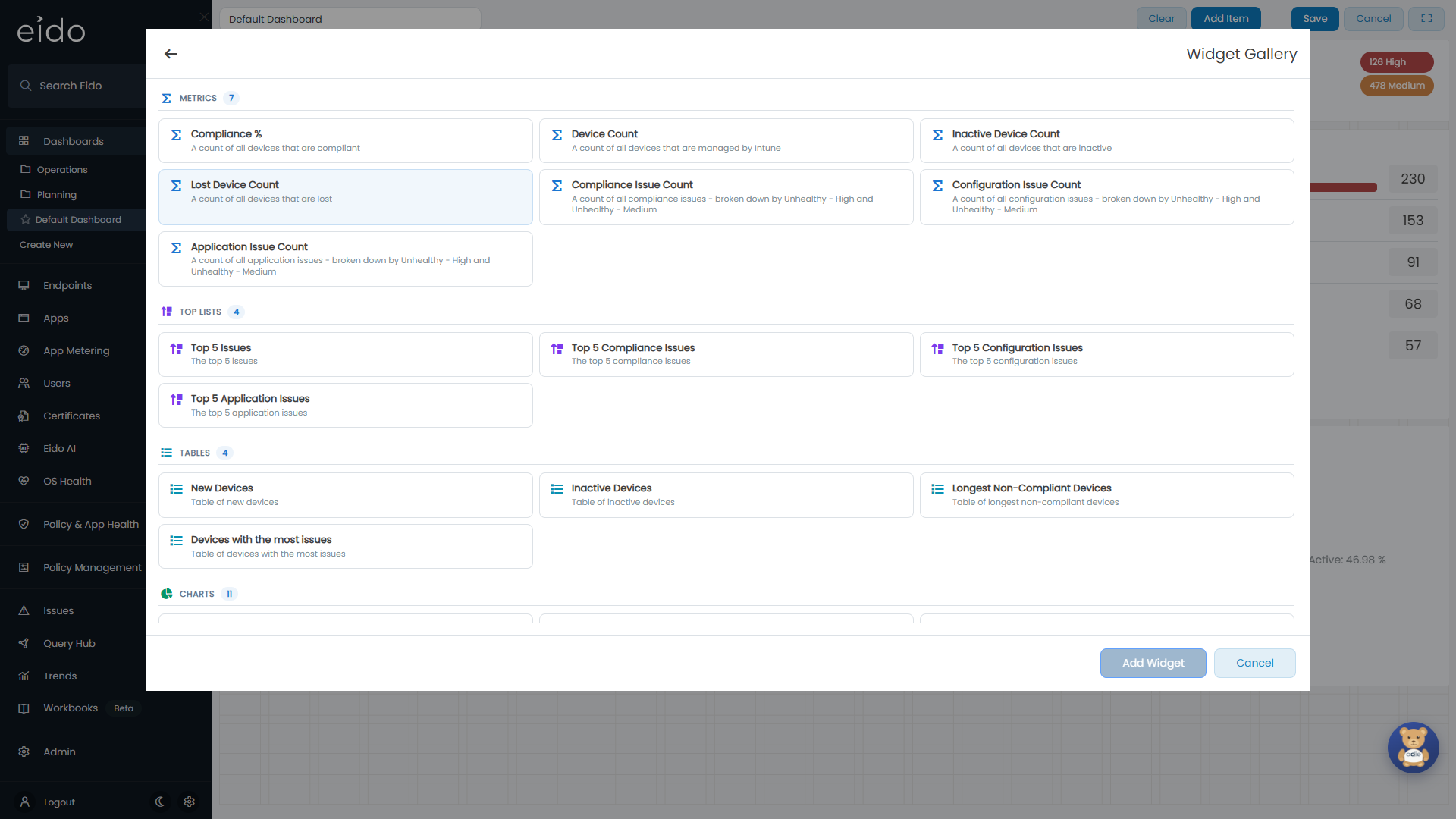 The Widget Gallery, grouped into metrics, top lists, tables, charts and breakdowns.