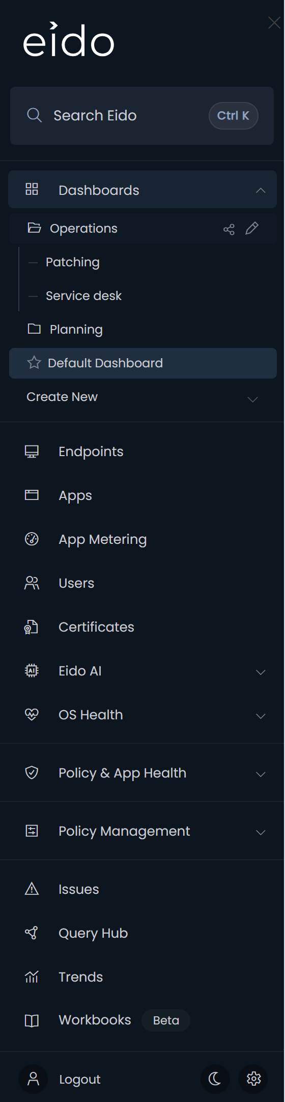 The Dashboards list in the sidebar, with a folder open and the default dashboard starred.