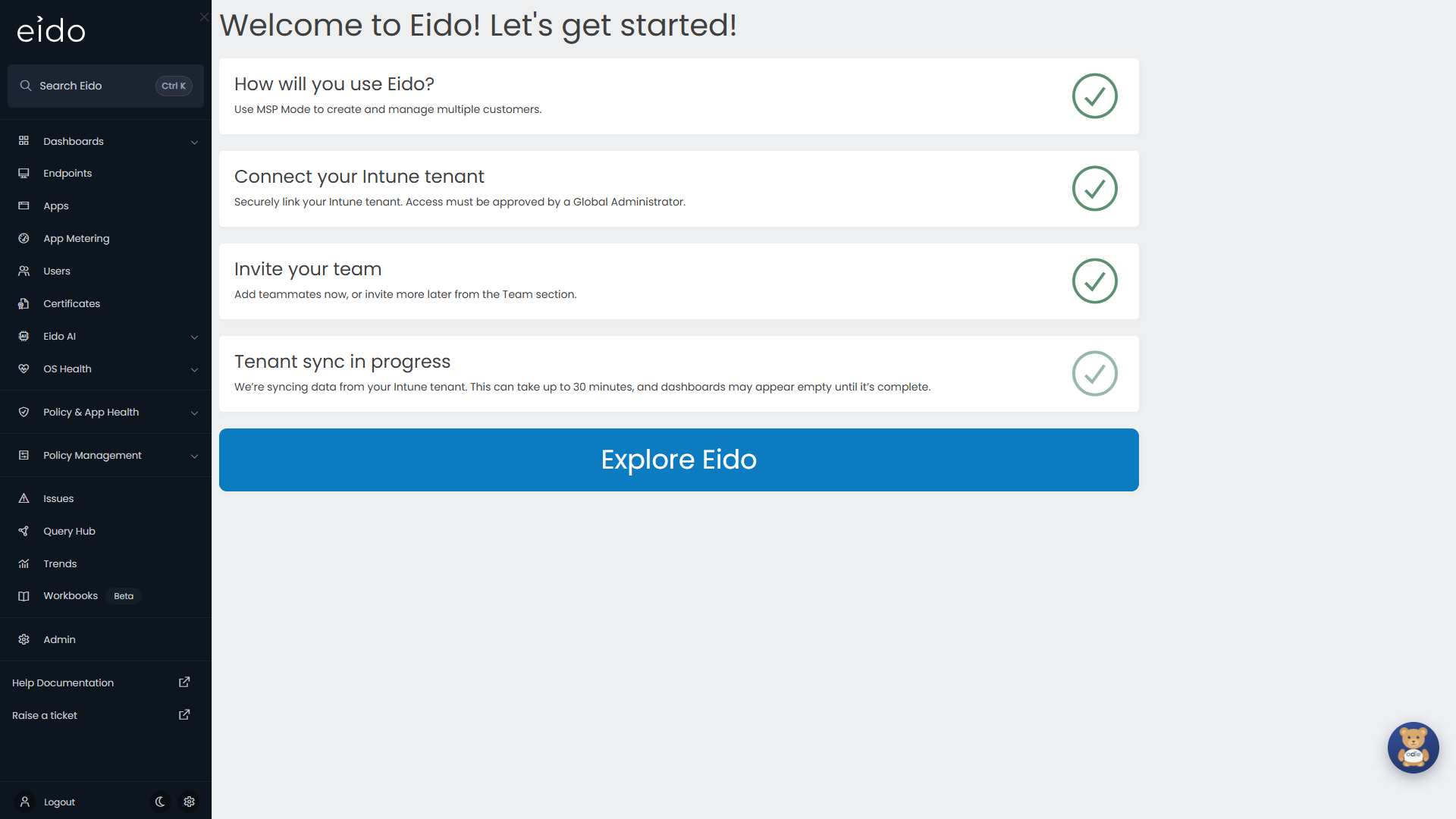 The Get Started page, with every step done.