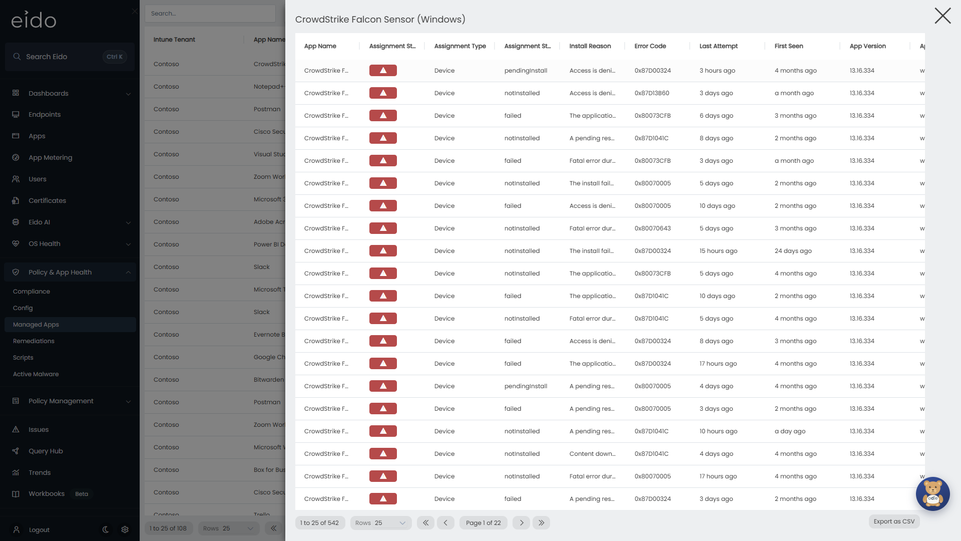 The devices one app is deployed to, with the failed installs first and Intune’s reason for each.