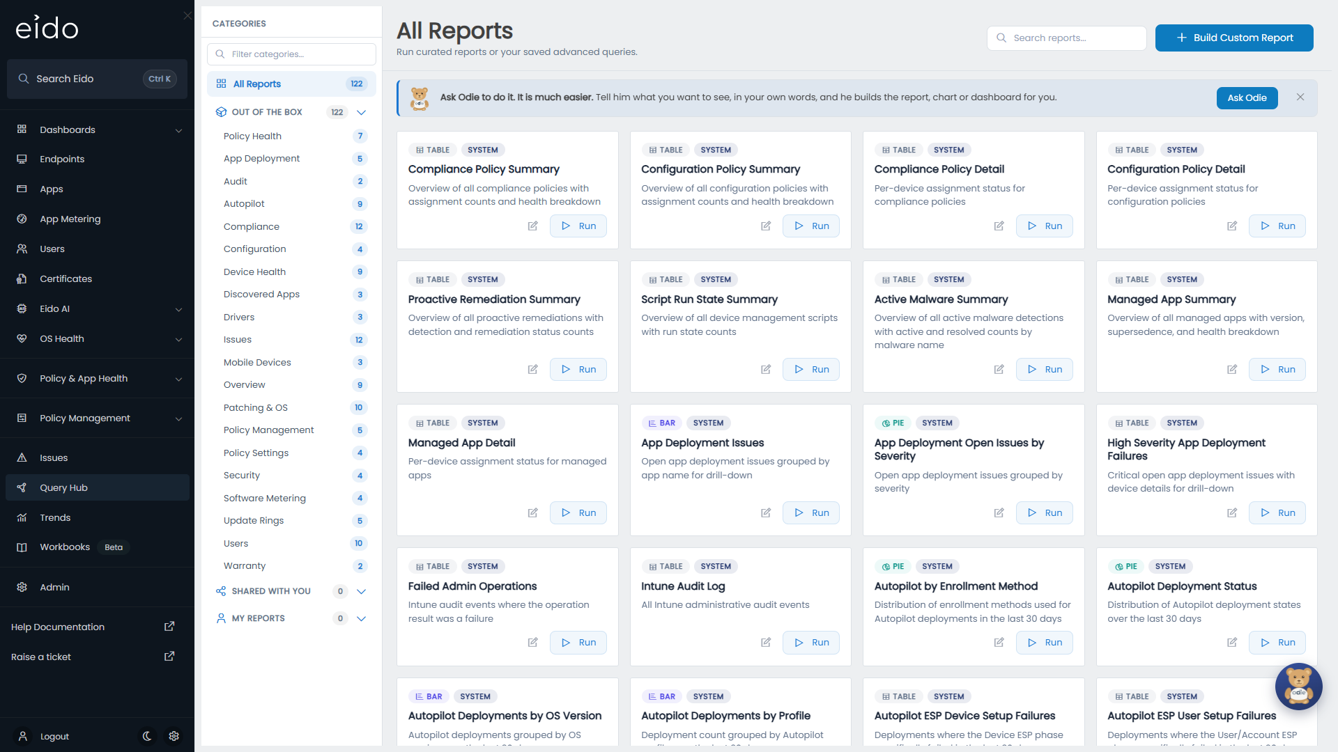 The Query Hub report library, with categories on the left and one card per report.