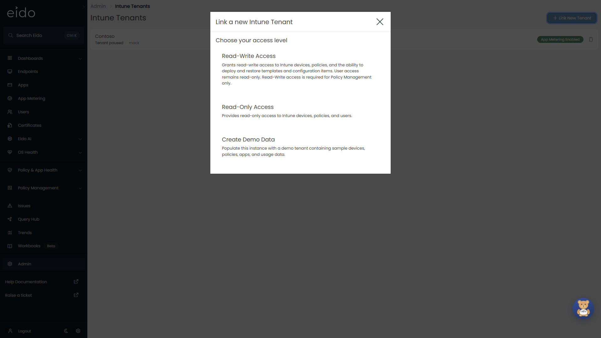 Choosing an access level when linking a tenant.