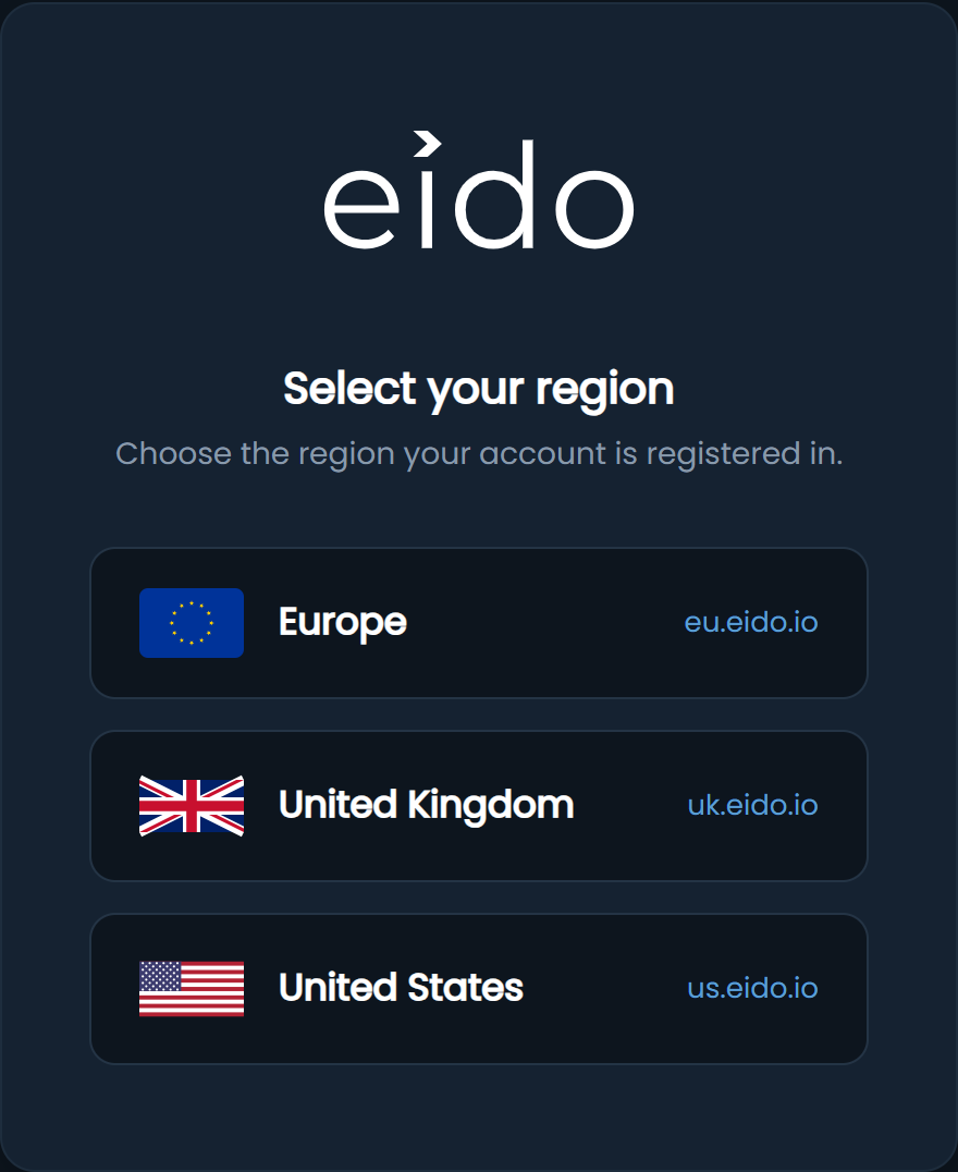 The region picker. Each choice opens that region’s sign-in page.